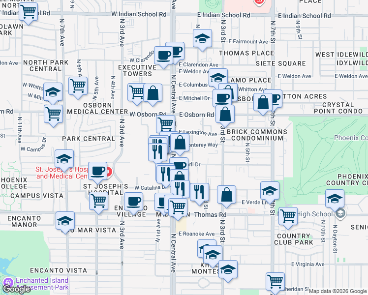 map of restaurants, bars, coffee shops, grocery stores, and more near 25 East Monterey Way in Phoenix