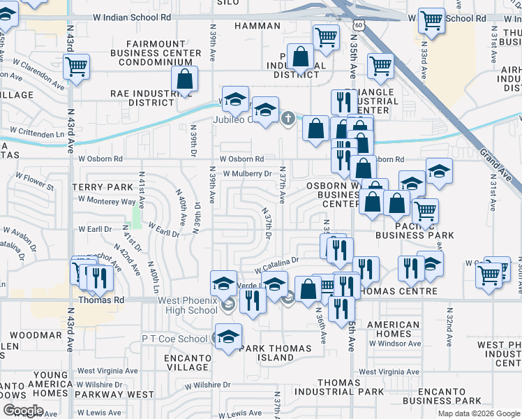 map of restaurants, bars, coffee shops, grocery stores, and more near 3744 West Cheery Lynn Road in Phoenix
