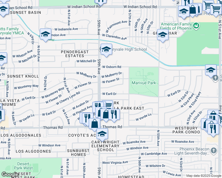 map of restaurants, bars, coffee shops, grocery stores, and more near 5825 West Earll Drive in Phoenix