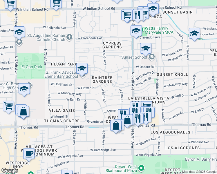 map of restaurants, bars, coffee shops, grocery stores, and more near 3120 North 67th Lane in Phoenix