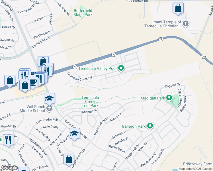 map of restaurants, bars, coffee shops, grocery stores, and more near 33665 Summit View Place in Temecula