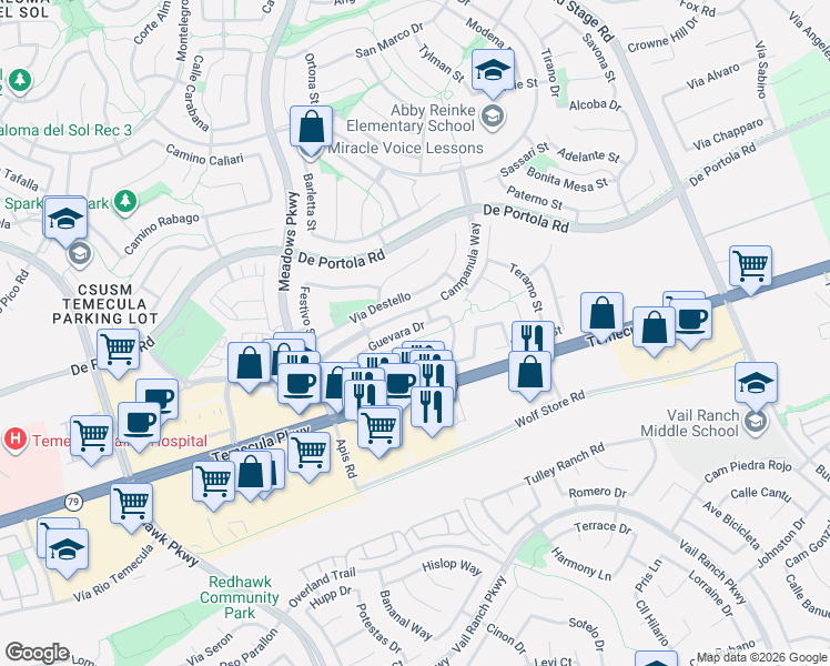 map of restaurants, bars, coffee shops, grocery stores, and more near 43171 Martina Court in Temecula
