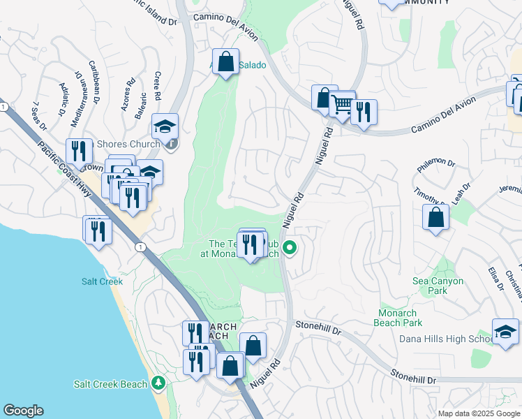 map of restaurants, bars, coffee shops, grocery stores, and more near 31 Via Monarca Street in Dana Point