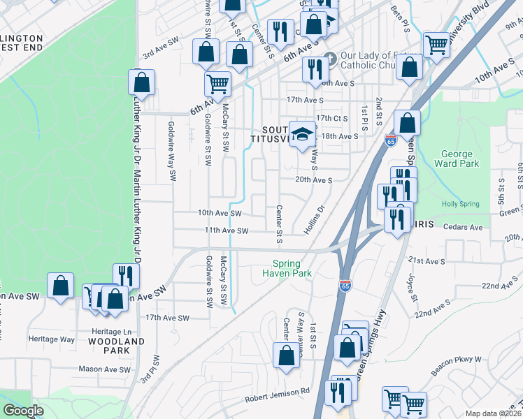 map of restaurants, bars, coffee shops, grocery stores, and more near 21 10th Avenue Southwest in Birmingham
