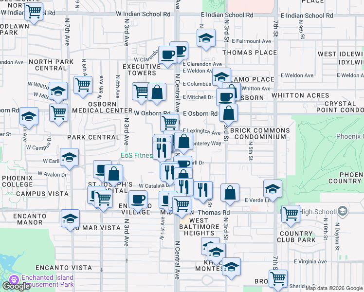 map of restaurants, bars, coffee shops, grocery stores, and more near 3107 North Central Avenue in Phoenix