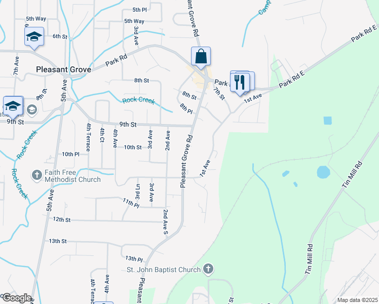 map of restaurants, bars, coffee shops, grocery stores, and more near 1005 Pleasant Grove Road in Pleasant Grove