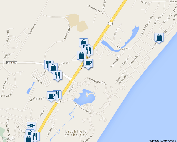 map of restaurants, bars, coffee shops, grocery stores, and more near 14276 Ocean Highway in Pawleys Island