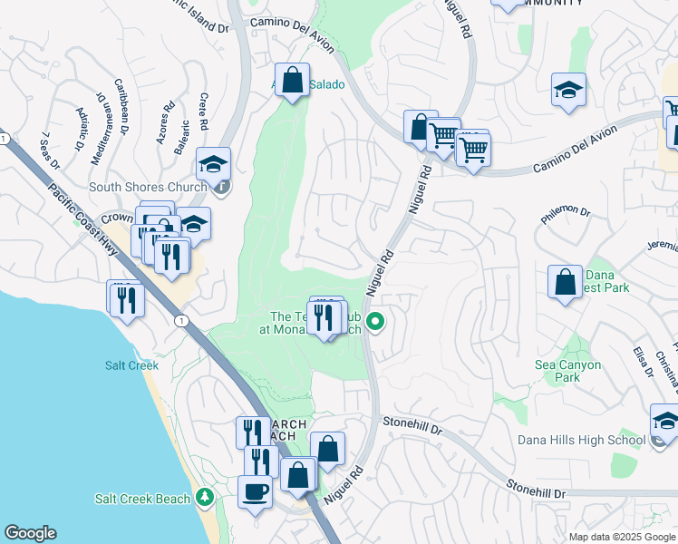 map of restaurants, bars, coffee shops, grocery stores, and more near 31 Via Monarca Street in Dana Point
