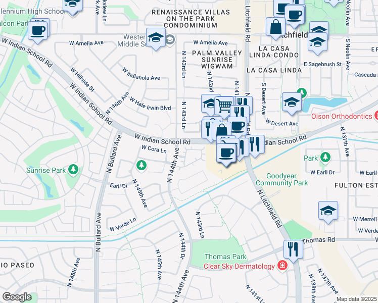map of restaurants, bars, coffee shops, grocery stores, and more near 14323 West Cora Lane in Goodyear