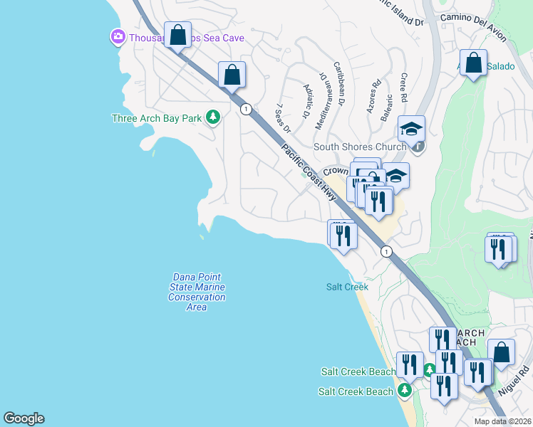 map of restaurants, bars, coffee shops, grocery stores, and more near 69 Monarch Bay Drive in Dana Point