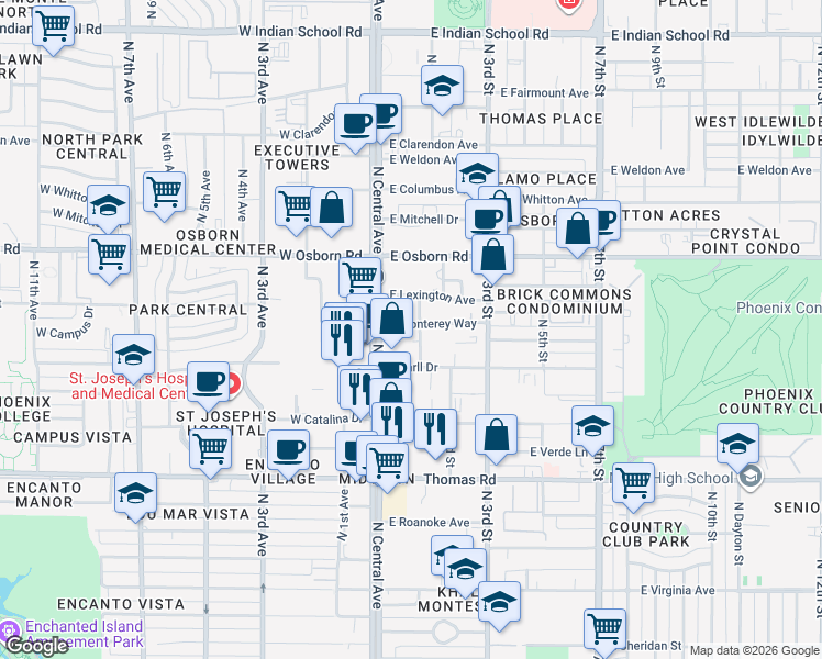 map of restaurants, bars, coffee shops, grocery stores, and more near 25 East Monterey Way in Phoenix