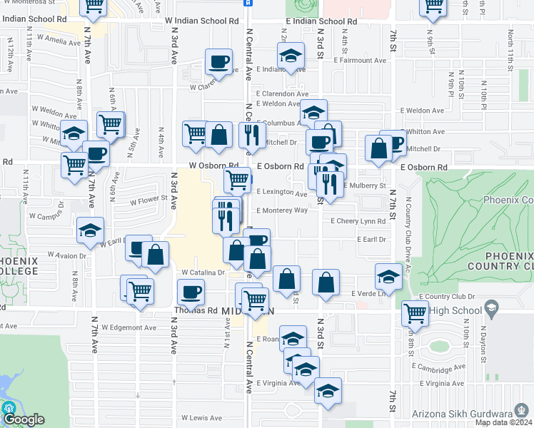 map of restaurants, bars, coffee shops, grocery stores, and more near 25 East Monterey Way in Phoenix