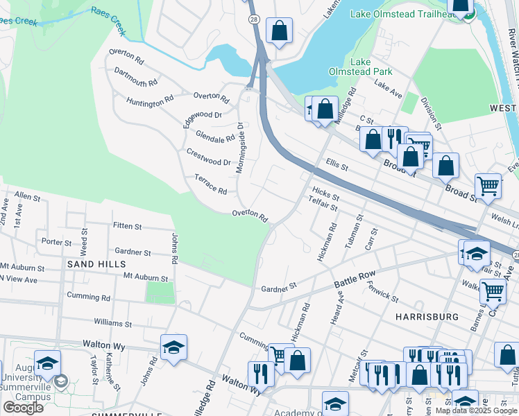 map of restaurants, bars, coffee shops, grocery stores, and more near 501 Milledge Road in Augusta