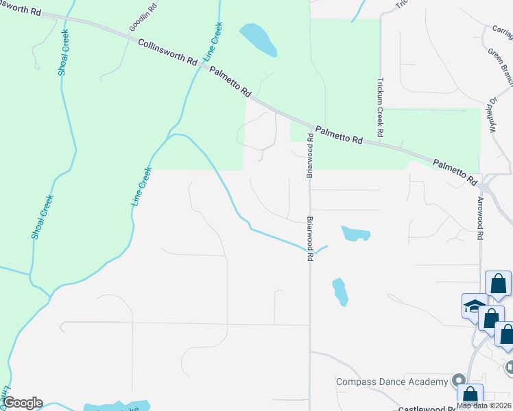 map of restaurants, bars, coffee shops, grocery stores, and more near 180 Montego Trail in Tyrone