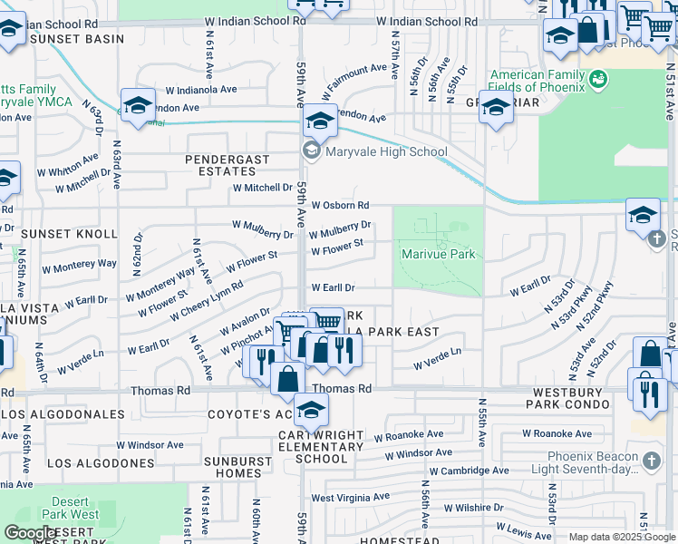 map of restaurants, bars, coffee shops, grocery stores, and more near 5825 West Earll Drive in Phoenix
