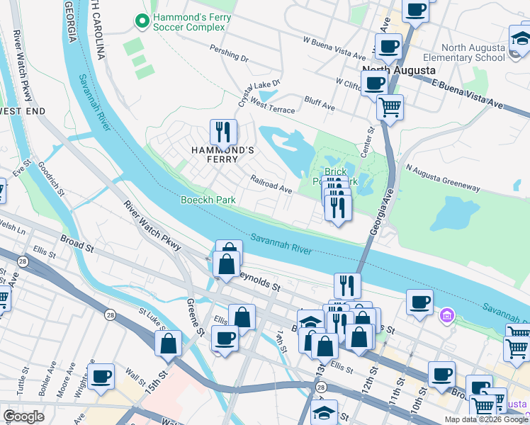 map of restaurants, bars, coffee shops, grocery stores, and more near 370 Front Street in North Augusta