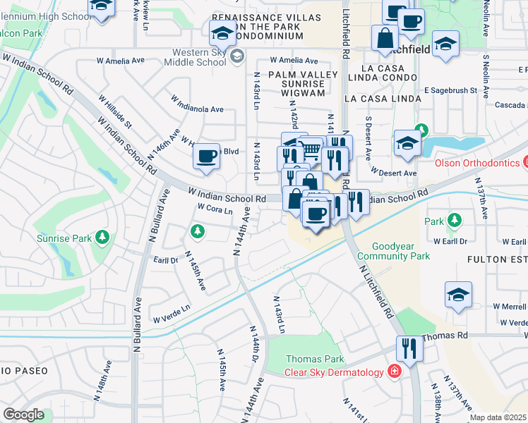 map of restaurants, bars, coffee shops, grocery stores, and more near 14323 West Cora Lane in Goodyear