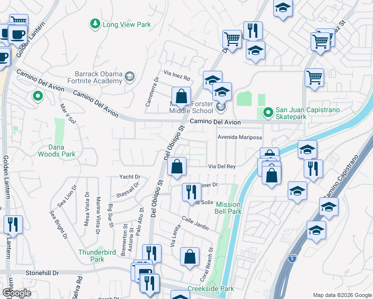 map of restaurants, bars, coffee shops, grocery stores, and more near 32902 Paseo Del Amor in San Juan Capistrano