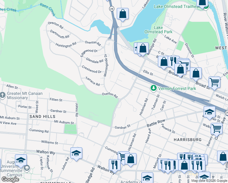 map of restaurants, bars, coffee shops, grocery stores, and more near 501 Milledge Road in Augusta