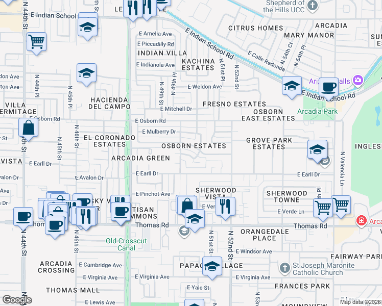 map of restaurants, bars, coffee shops, grocery stores, and more near 3121 North 50th Street in Phoenix