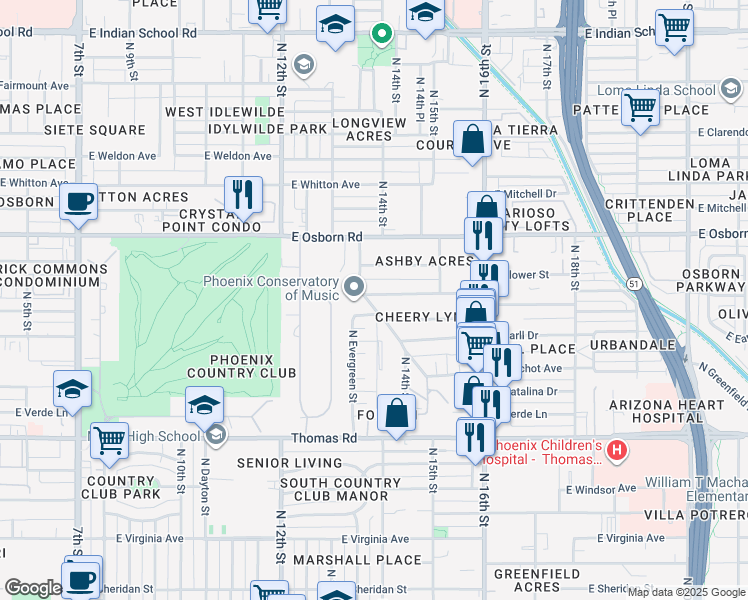 map of restaurants, bars, coffee shops, grocery stores, and more near 3053 North Evergreen Street in Phoenix