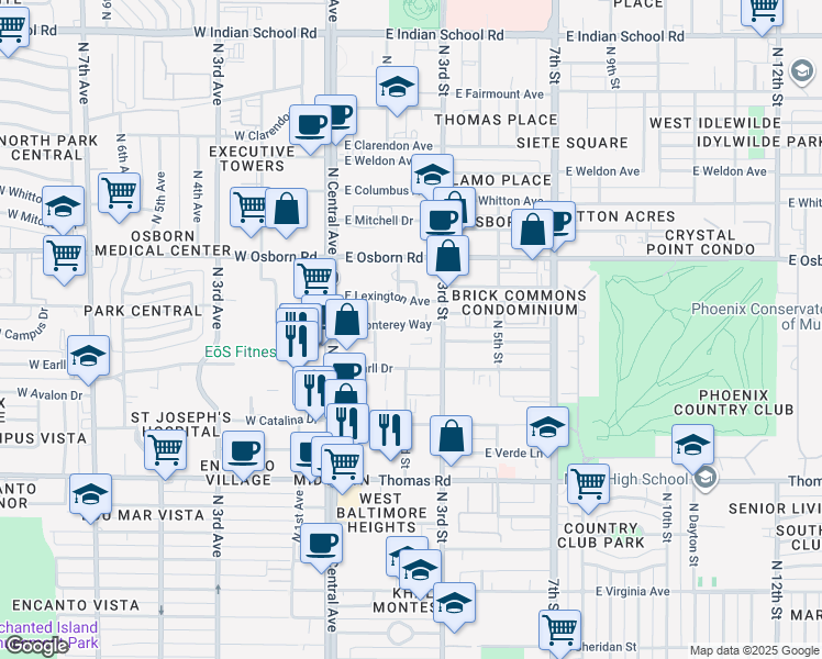 map of restaurants, bars, coffee shops, grocery stores, and more near 202 East Earll Drive in Phoenix