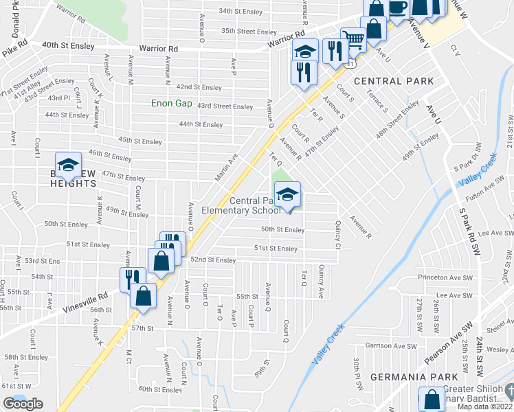 map of restaurants, bars, coffee shops, grocery stores, and more near 1606 49th Street Ensley in Birmingham