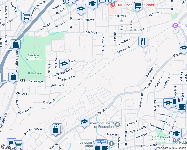 map of restaurants, bars, coffee shops, grocery stores, and more near Vulcan Trail in Birmingham