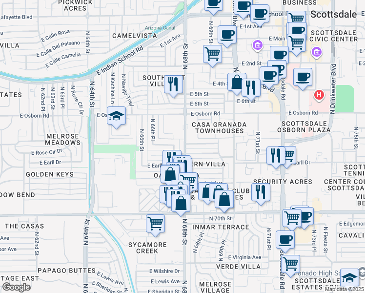 map of restaurants, bars, coffee shops, grocery stores, and more near 6801 East Cheery Lynn Road in Scottsdale