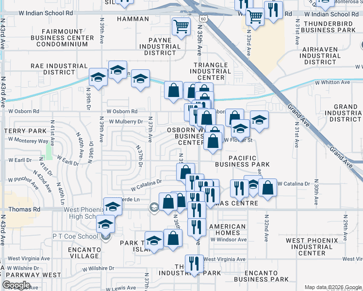 map of restaurants, bars, coffee shops, grocery stores, and more near 3107 North 35th Drive in Phoenix