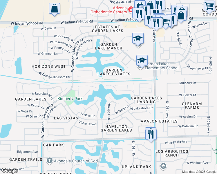 map of restaurants, bars, coffee shops, grocery stores, and more near 11018 West Clover Way in Avondale