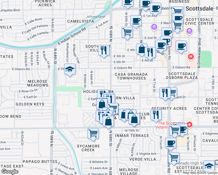 map of restaurants, bars, coffee shops, grocery stores, and more near 6801 East Cheery Lynn Road in Scottsdale