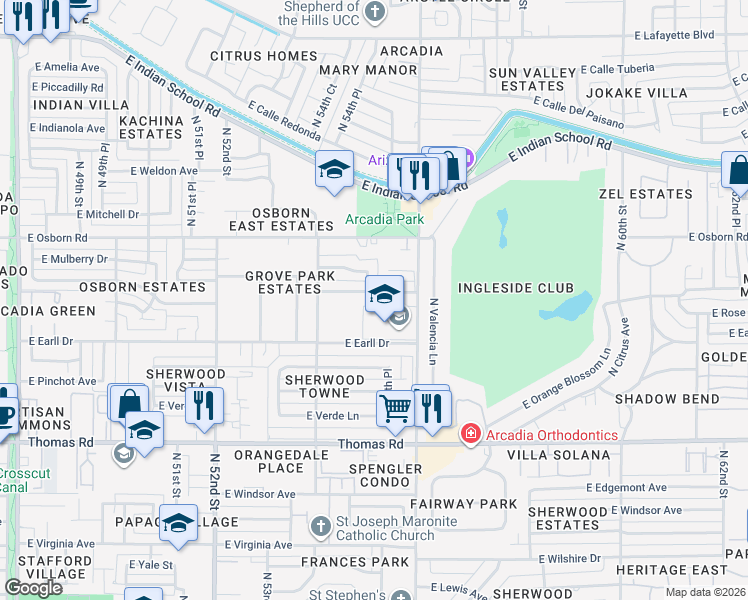 map of restaurants, bars, coffee shops, grocery stores, and more near 3102 North 56th Street in Phoenix