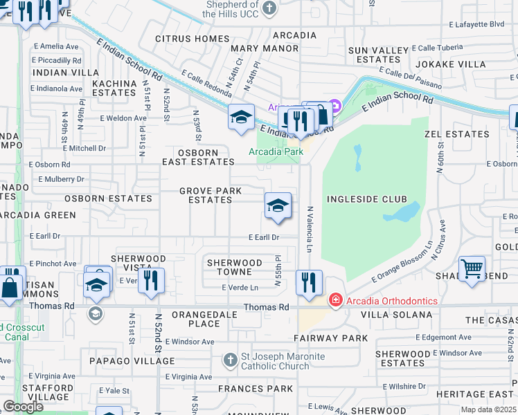 map of restaurants, bars, coffee shops, grocery stores, and more near 3102 North 56th Street in Phoenix