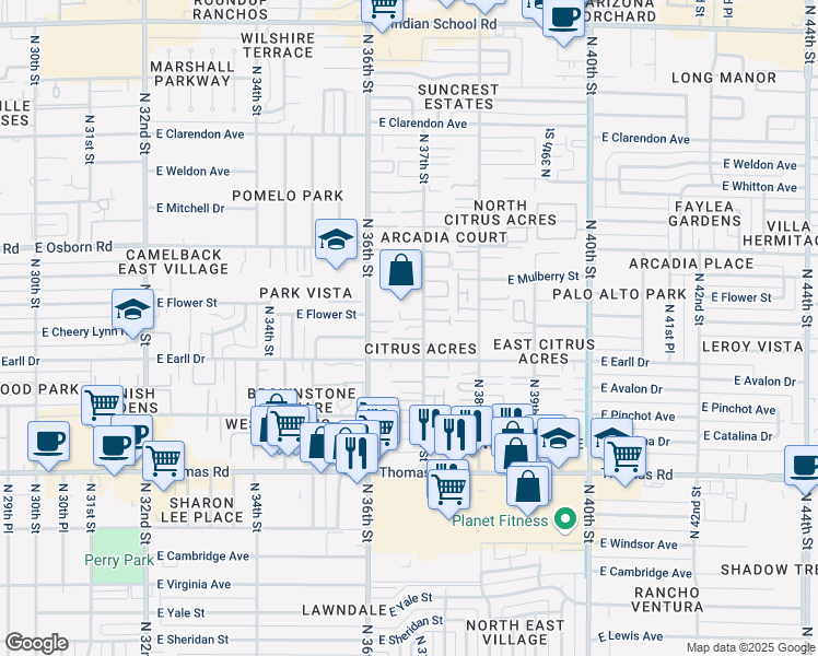 map of restaurants, bars, coffee shops, grocery stores, and more near 3705 East Cheery Lynn Road in Phoenix