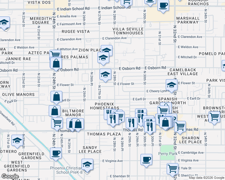map of restaurants, bars, coffee shops, grocery stores, and more near 3116 North 28th Street in Phoenix