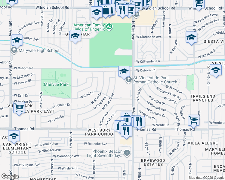 map of restaurants, bars, coffee shops, grocery stores, and more near 5208 West Earll Drive in Phoenix