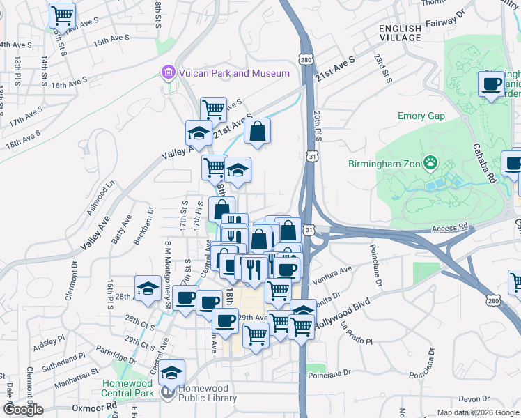 map of restaurants, bars, coffee shops, grocery stores, and more near 1822 26th Avenue South in Birmingham