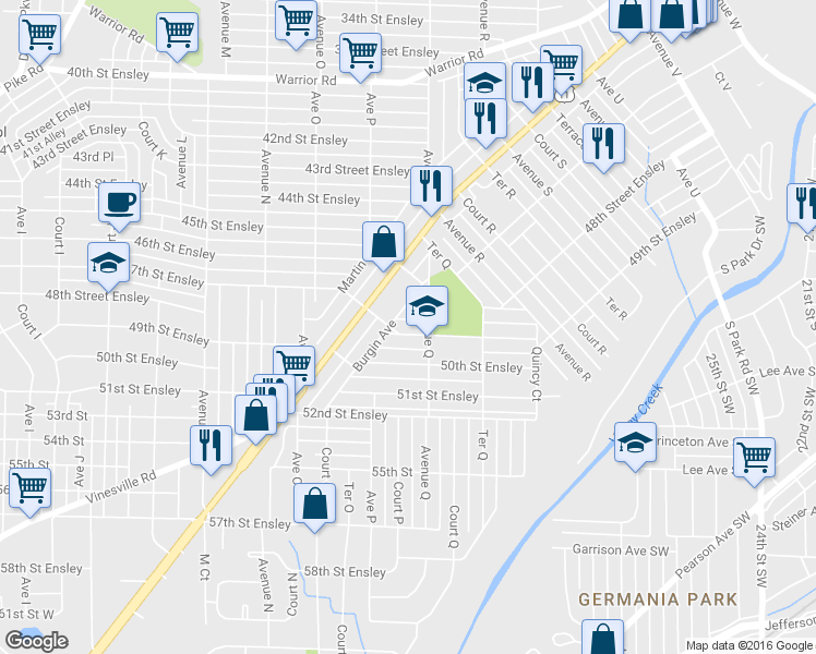 map of restaurants, bars, coffee shops, grocery stores, and more near 1607 49th Street Ensley in Birmingham