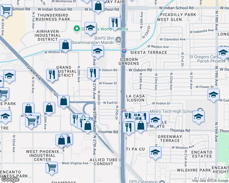 map of restaurants, bars, coffee shops, grocery stores, and more near 2541 West Cheery Lynn Road in Phoenix
