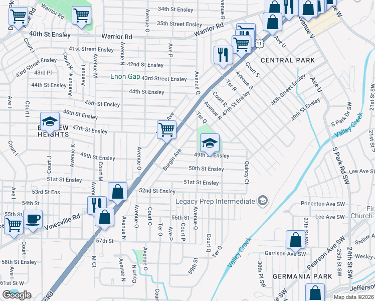 map of restaurants, bars, coffee shops, grocery stores, and more near 1607 49th Street Ensley in Birmingham