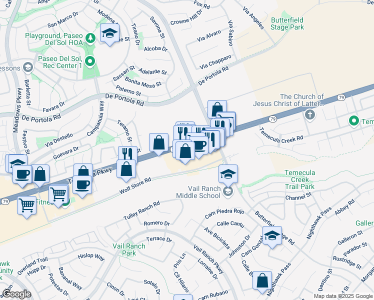 map of restaurants, bars, coffee shops, grocery stores, and more near 33125 Temecula Parkway in Temecula