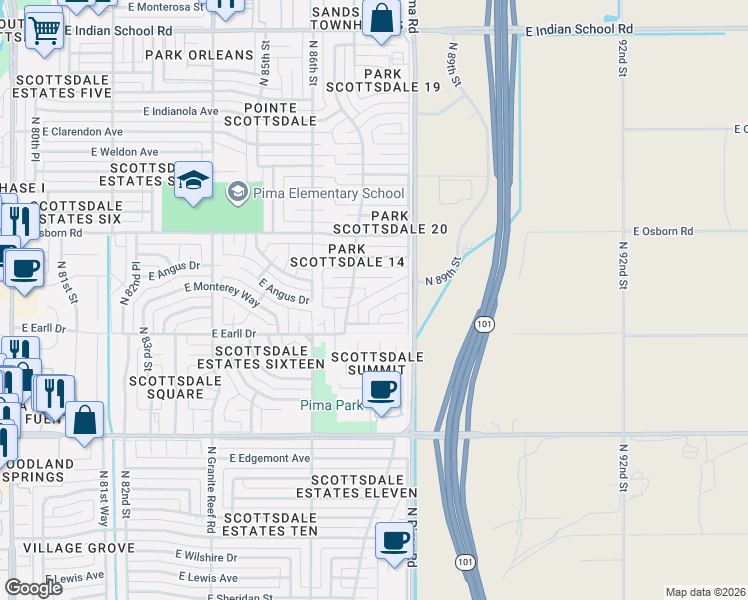 map of restaurants, bars, coffee shops, grocery stores, and more near 3136 North 87th Place in Scottsdale
