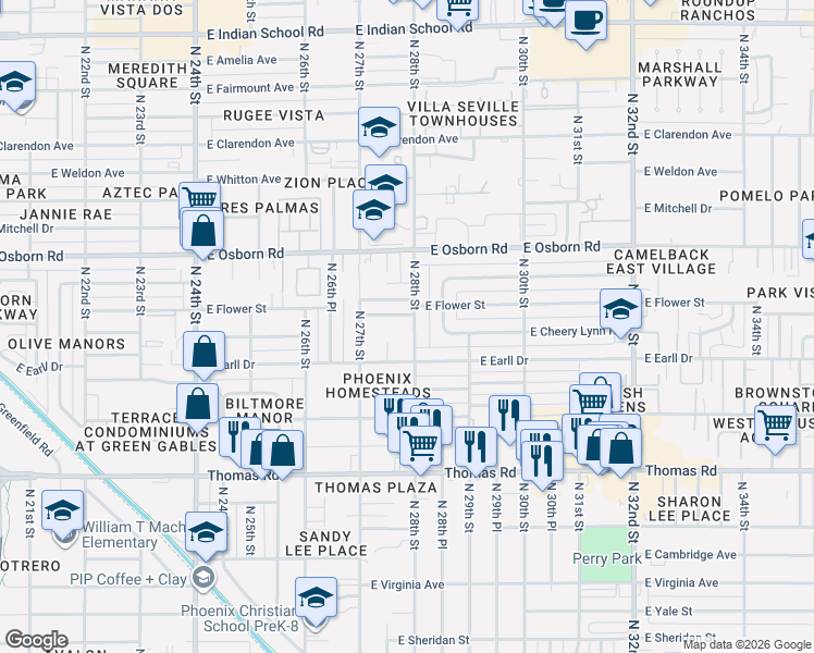 map of restaurants, bars, coffee shops, grocery stores, and more near 3116 North 28th Street in Phoenix