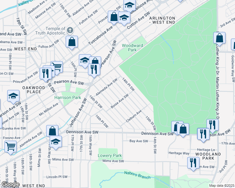 map of restaurants, bars, coffee shops, grocery stores, and more near 1156 15th Place Southwest in Birmingham