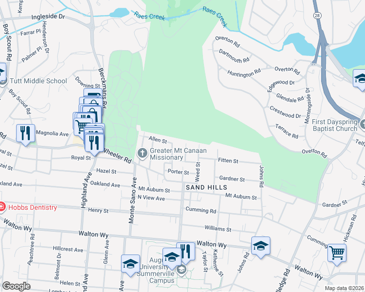 map of restaurants, bars, coffee shops, grocery stores, and more near 528 Fleming Avenue in Augusta
