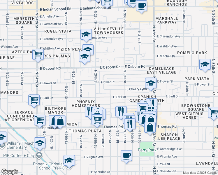 map of restaurants, bars, coffee shops, grocery stores, and more near 2840 East Earll Drive in Phoenix