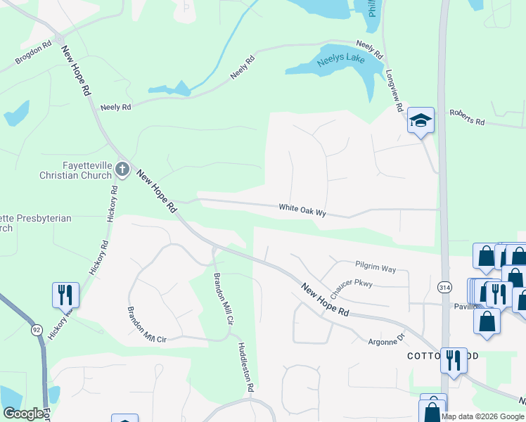 map of restaurants, bars, coffee shops, grocery stores, and more near 165 White Oak Way in Fayetteville