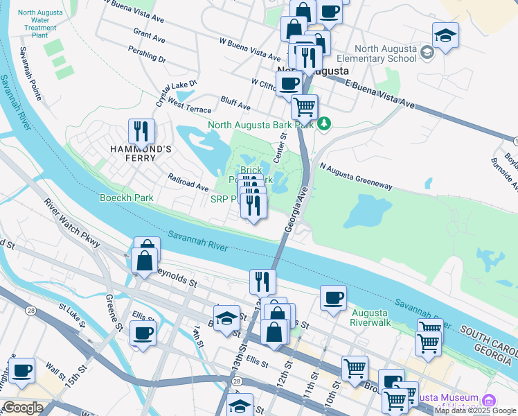 map of restaurants, bars, coffee shops, grocery stores, and more near Center Street in North Augusta