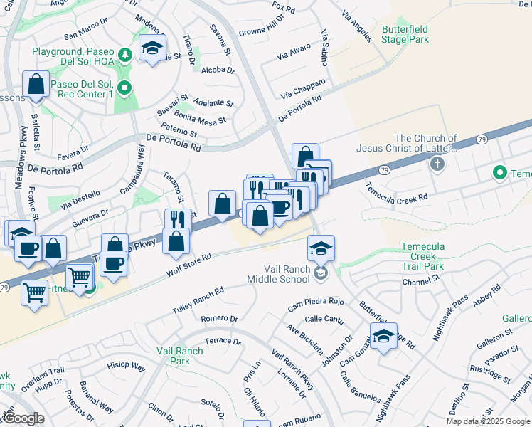 map of restaurants, bars, coffee shops, grocery stores, and more near 33125 Temecula Parkway in Temecula